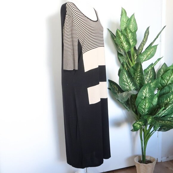 Marina Rinaldi Black Beige Viscose Wool Cashmere Striped Knit Shift Midi Dress - Picture 4 of 11